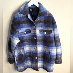 Zara Women's Blue and Black Plaid Oversized Coat Jacket